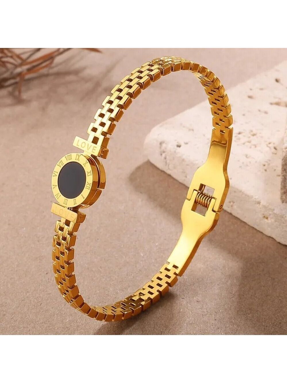 18K Gold Plated Stainless Steel Black Pendant Roman Numeral Bangle Bracelet
